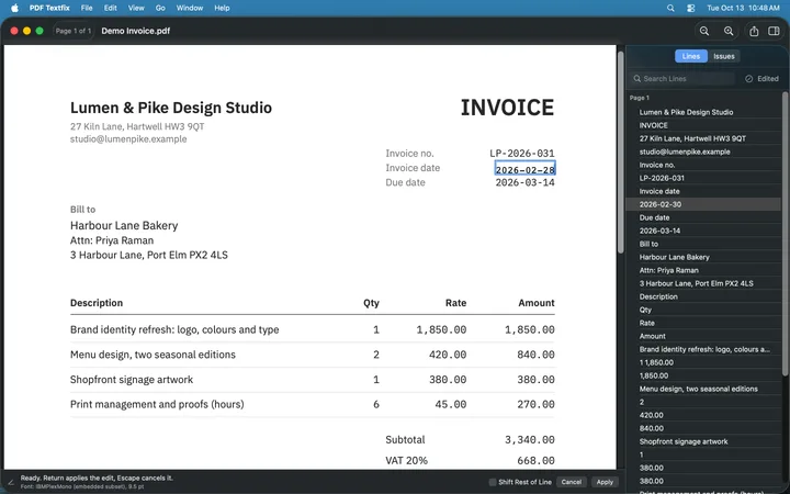 The PDF Textfix window with the demo invoice open. The invoice date is being corrected to 2026-02-28 in the line editor, in the invoice’s own monospaced font, and the Lines pane on the right lists every line of the page.