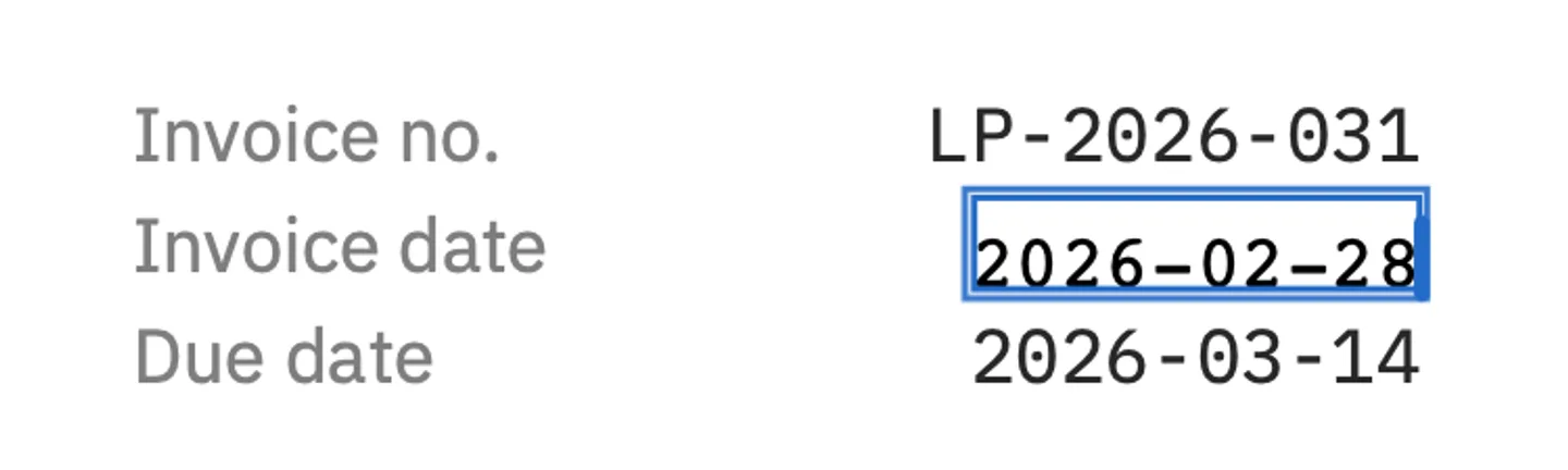 The same invoice date in the line editor, now 2026-02-28, in the invoice’s own monospaced font, between the invoice number and the due date.