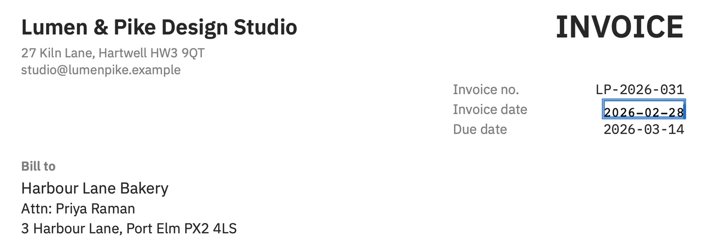 The top of the demo invoice in PDF Textfix. On the right, the labels Invoice no., Invoice date and Due date sit beside their values; the invoice date is open in the line editor, typed in the invoice's monospaced font.