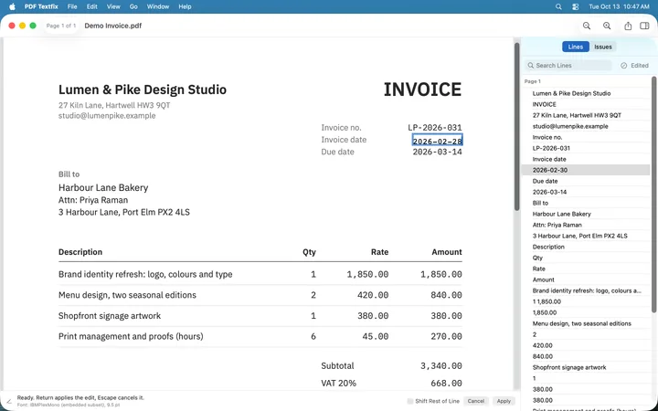 The PDF Textfix window with the demo invoice open. The invoice date is being corrected to 2026-02-28 in the line editor, in the invoice’s own monospaced font, and the Lines pane on the right lists every line of the page.