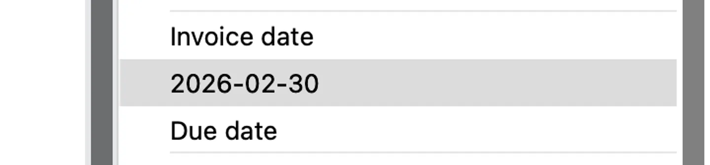 The Lines pane of the demo invoice, listing the invoice date line as the file holds it: 2026-02-30.
