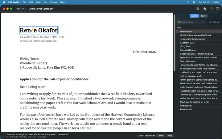 The demo cover letter in PDF Textfix with the writer’s own name at its head corrected to Renée Okafor in the letter’s own serif font. The é, which the embedded font lacks, is drawn with a fallback font and marked in orange.