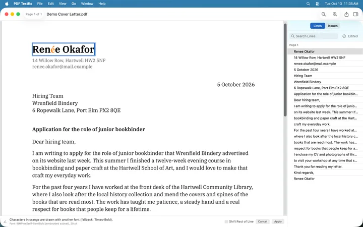 The demo cover letter in PDF Textfix with the writer’s own name at its head corrected to Renée Okafor in the letter’s own serif font. The é, which the embedded font lacks, is drawn with a fallback font and marked in orange.