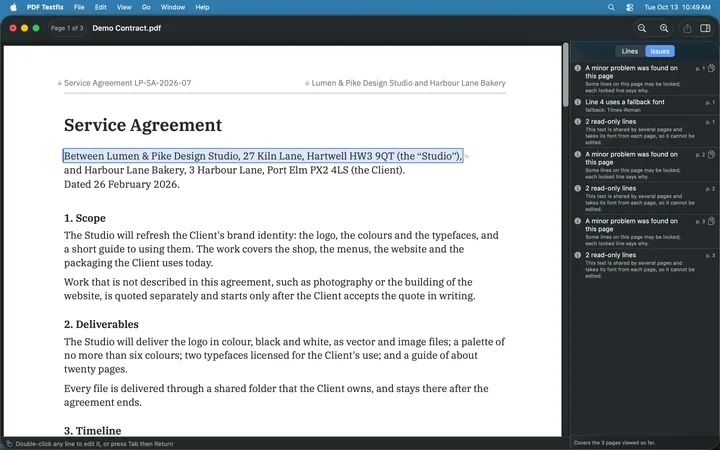 The demo service agreement in PDF Textfix with the Issues pane open: a line that uses a fallback font, and on each page two read-only lines that several pages share.