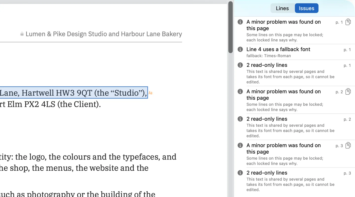 The Issues pane of PDF Textfix for the three-page demo contract. Each page lists 2 read-only lines with the reason: This text is shared by several pages and takes its font from each page, so it cannot be edited. Page 1 also lists Line 4 uses a fallback font, fallback: Times-Roman.