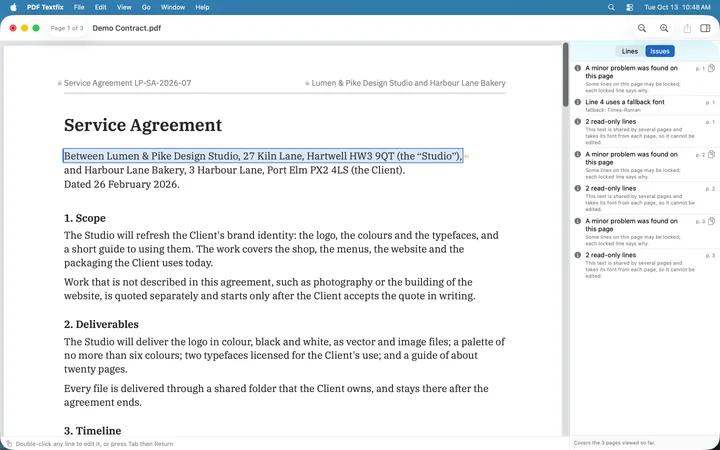 The demo service agreement in PDF Textfix with the Issues pane open: a line that uses a fallback font, and on each page two read-only lines that several pages share.