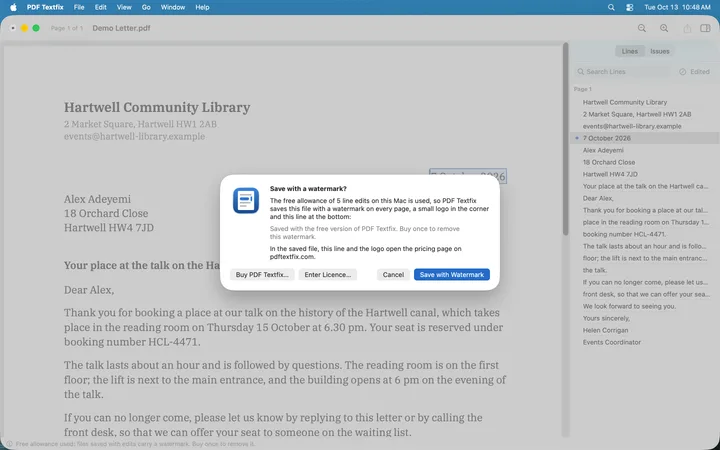 The free version’s save sheet over the demo letter, titled Save with a watermark? It says the free allowance of 5 line edits on this Mac is used, names the small logo in the corner, quotes the line the saved file will carry and says the line and the logo open the pricing page on pdftextfix.com.