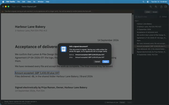 The demo signed acceptance letter in PDF Textfix with the sheet Edit a signed document? It says saving rewrites the whole file, so its signatures will no longer verify, and shows the amount line before and after the edit.