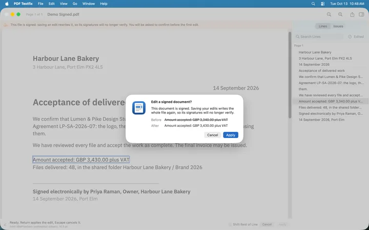 The demo signed acceptance letter in PDF Textfix with the sheet Edit a signed document? It says saving rewrites the whole file, so its signatures will no longer verify, and shows the amount line before and after the edit.