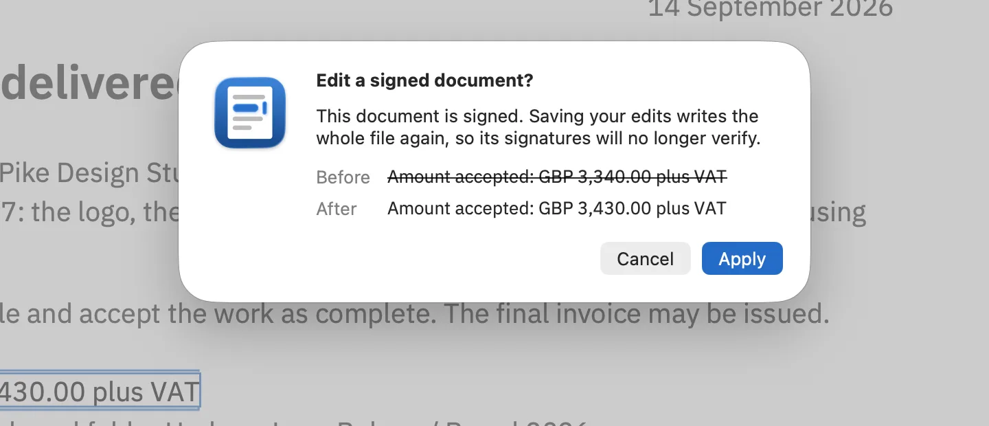 A sheet titled Edit a signed document? over the demo signed note. It says: This document is signed. Saving your edits writes the whole file again, so its signatures will no longer verify. Below, Before shows Amount accepted: GBP 3,340.00 plus VAT struck through, After shows Amount accepted: GBP 3,430.00 plus VAT, with Cancel and Apply buttons.