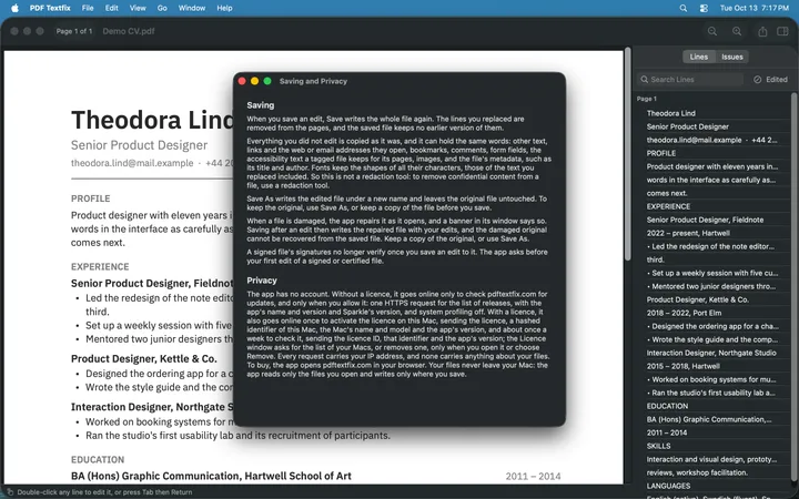 The Saving and Privacy window of PDF Textfix over the demo CV, with a Saving section and a Privacy section of plain paragraphs.