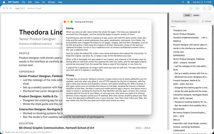 The Saving and Privacy window of PDF Textfix over the demo CV, with a Saving section and a Privacy section of plain paragraphs.