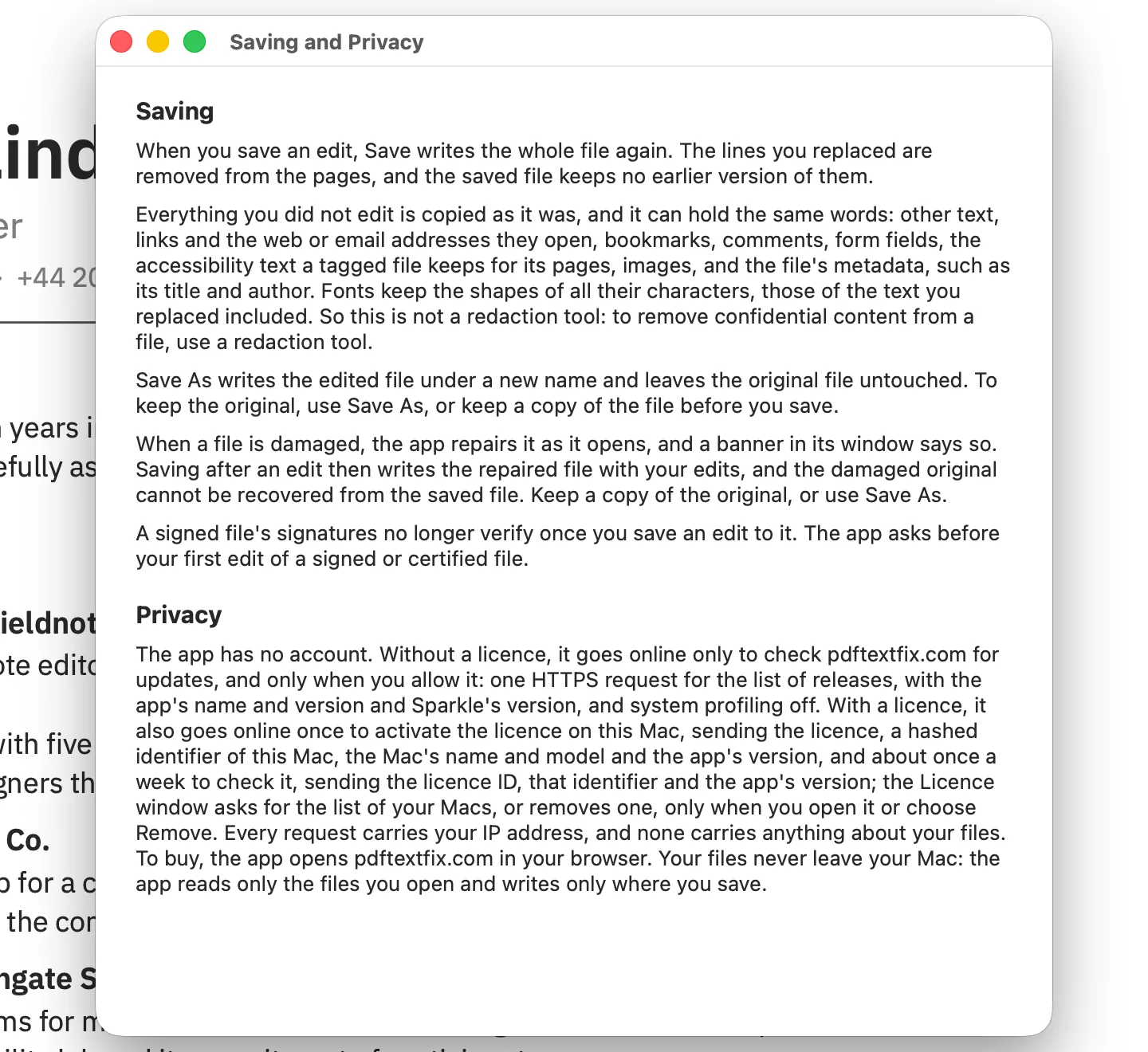The Saving and Privacy window of PDF Textfix. It says that everything not edited is copied as it was and can hold the same words, including the file's metadata, such as its title and author, and that the app is therefore not a redaction tool.